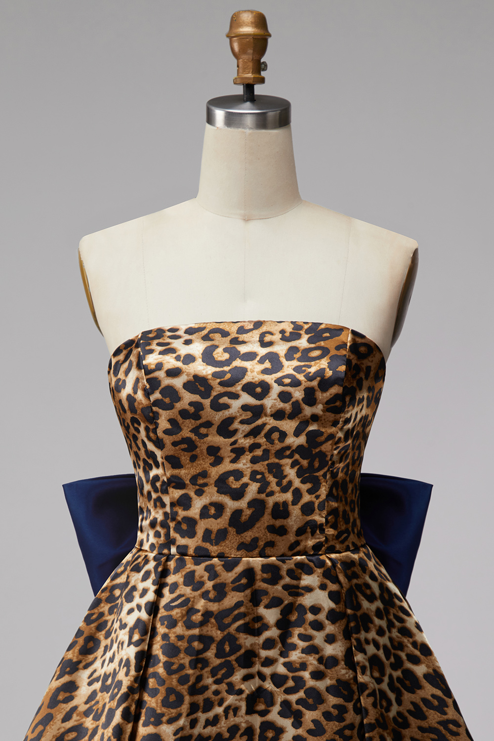 Brown Leopard Print A Line Strapless Ruched Short Homecoming Dress with Bow