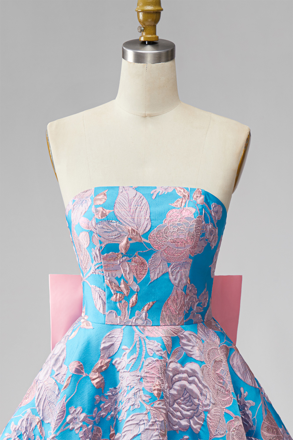 Blue Fuchsia Flower A Line Strapless Short Homecoming Dress with Bow