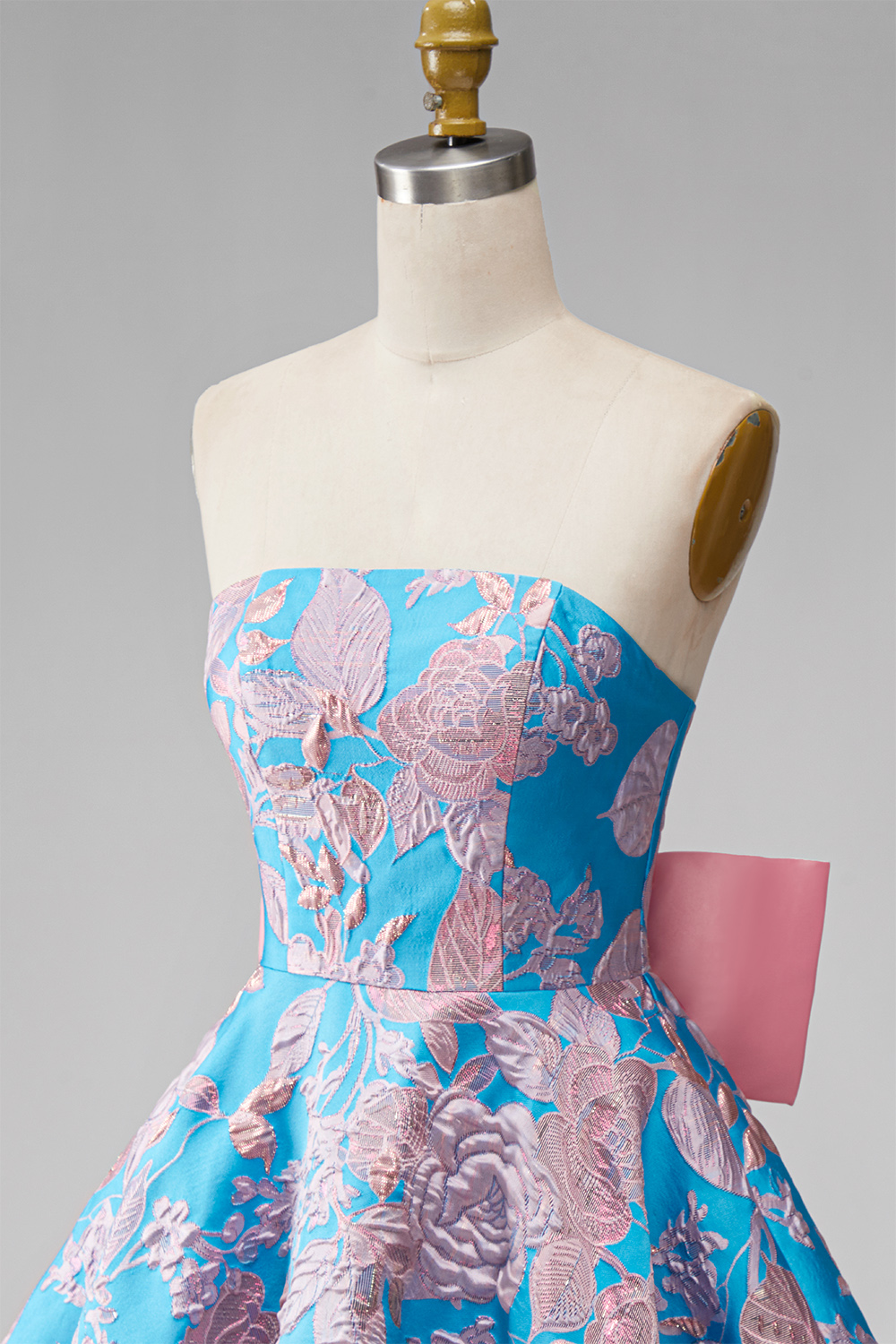 Blue Fuchsia Flower A Line Strapless Short Homecoming Dress with Bow