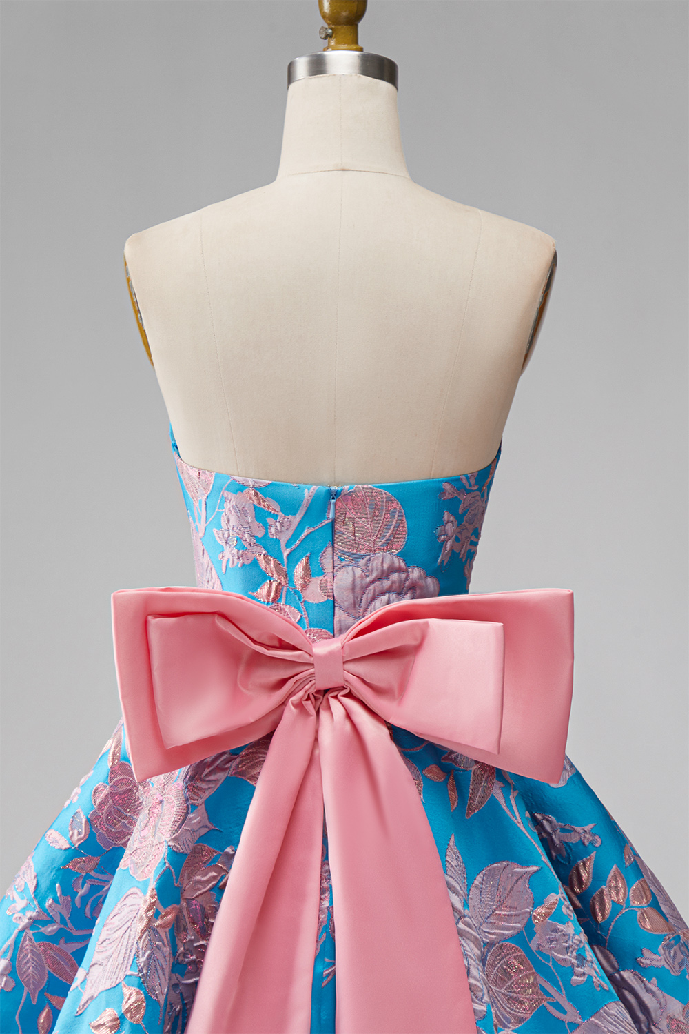 Blue Fuchsia Flower A Line Strapless Short Homecoming Dress with Bow