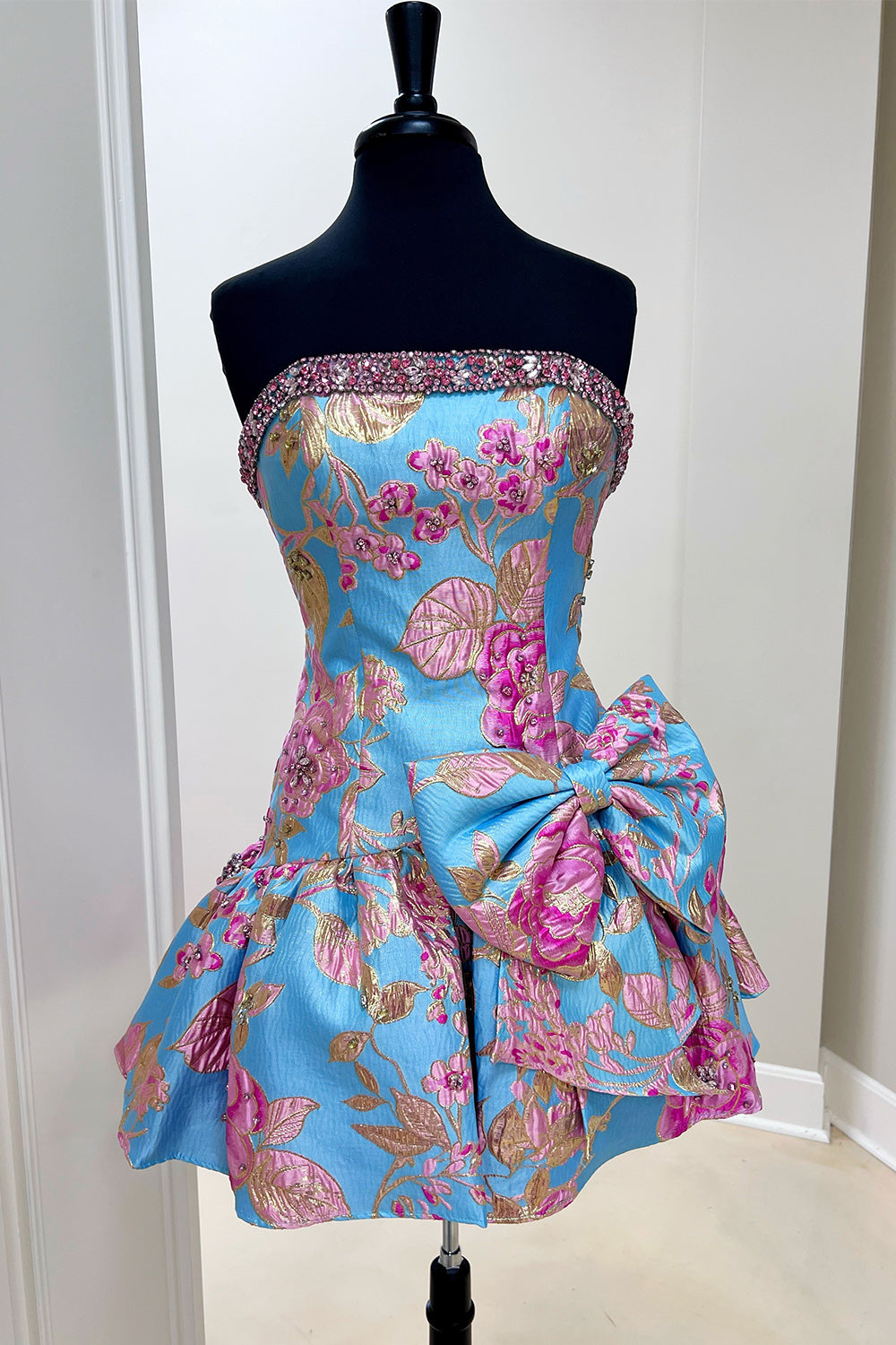 Blue Floral Strapless Beaded A Line Short Homecoming Dress with Bow
