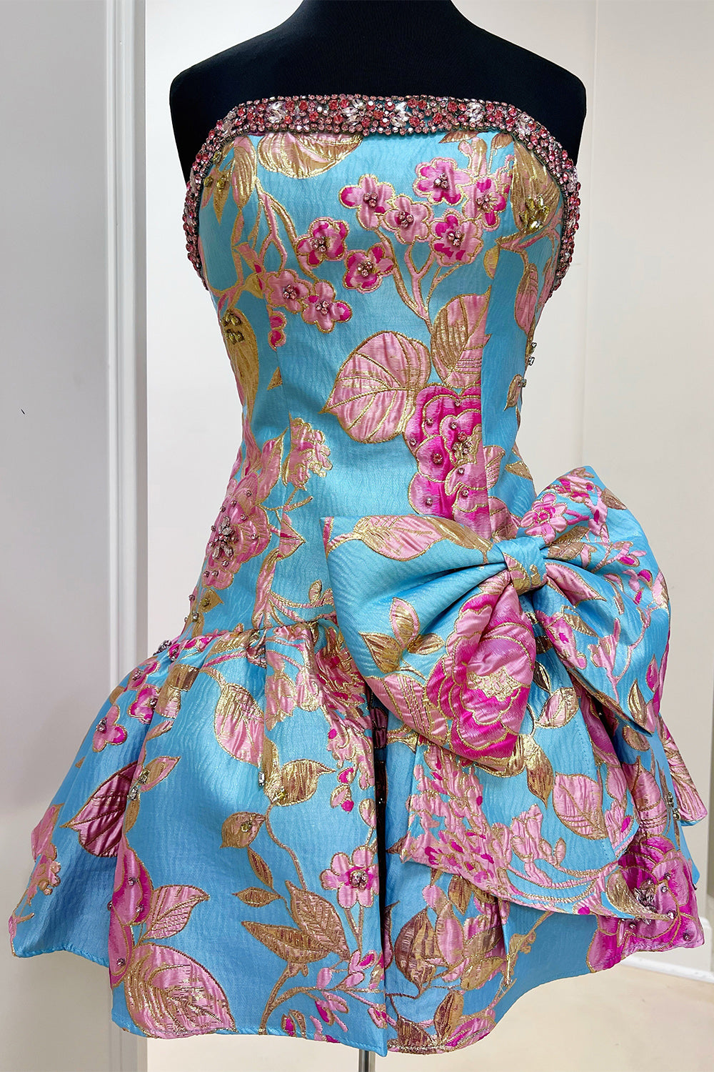 Blue Floral Strapless Beaded A Line Short Homecoming Dress with Bow