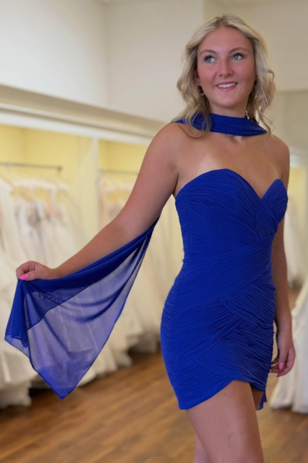 Burgundy Strapless Pleated Neck Scarf Tight Short Homecoming Dress