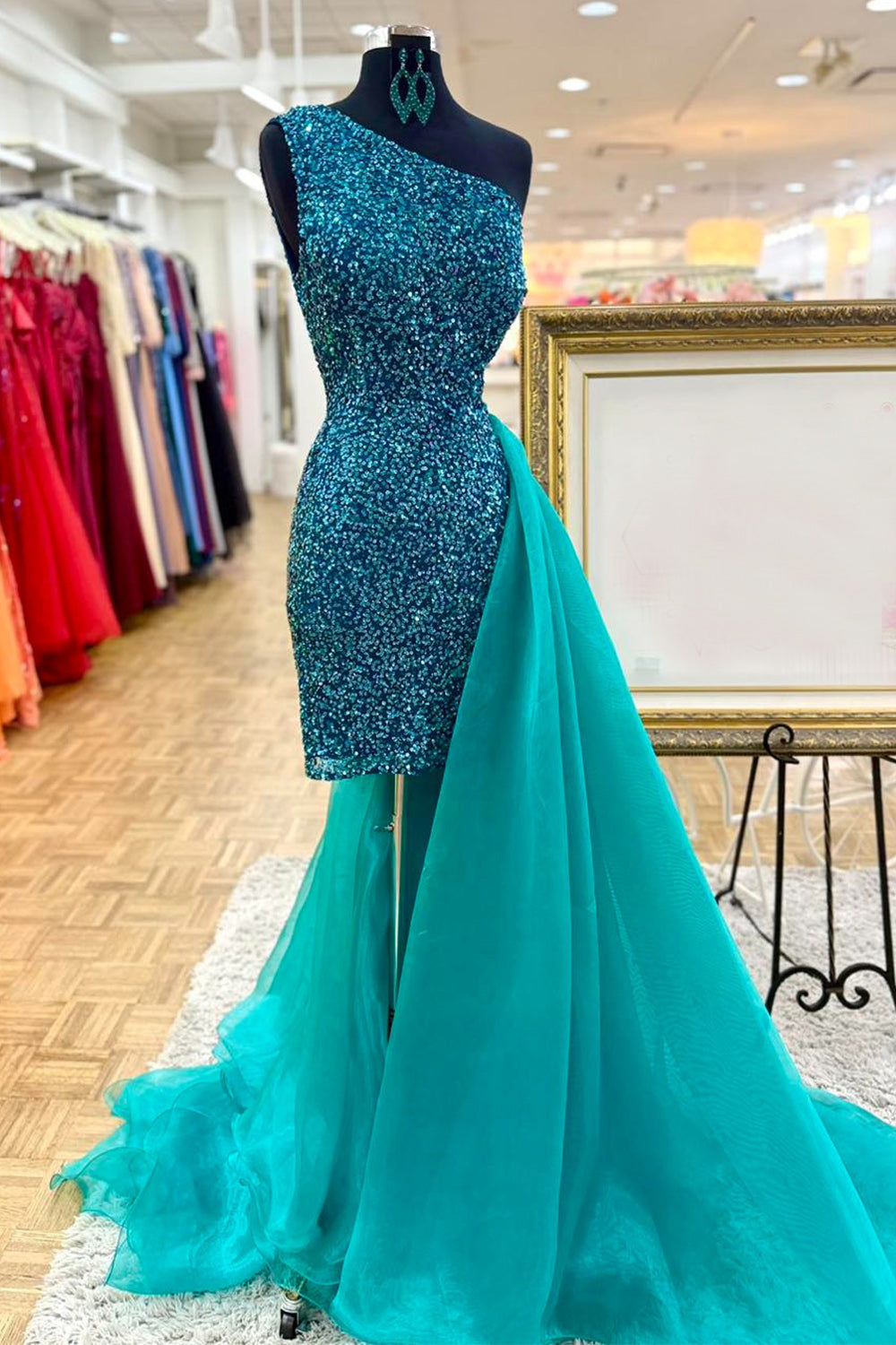 Sparkly Green Tight One Shoulder Short Homecoming Dress with Cape