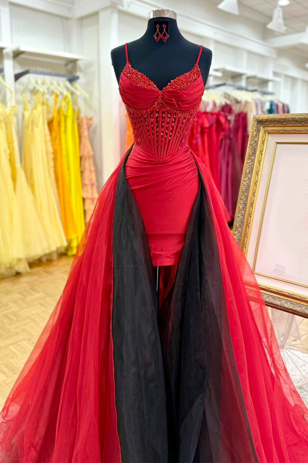 Sparkly Red Beaded Tight Spaghetti Straps Short Homecoming Dress with Cape