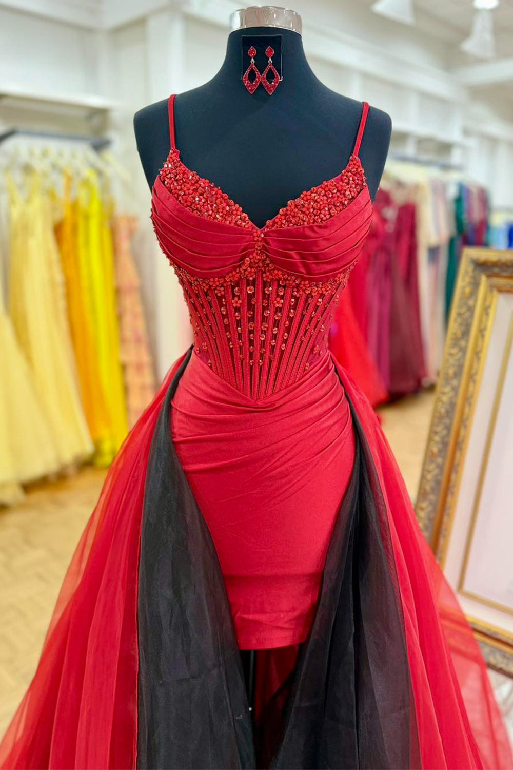 Sparkly Red Beaded Tight Spaghetti Straps Short Homecoming Dress with Cape