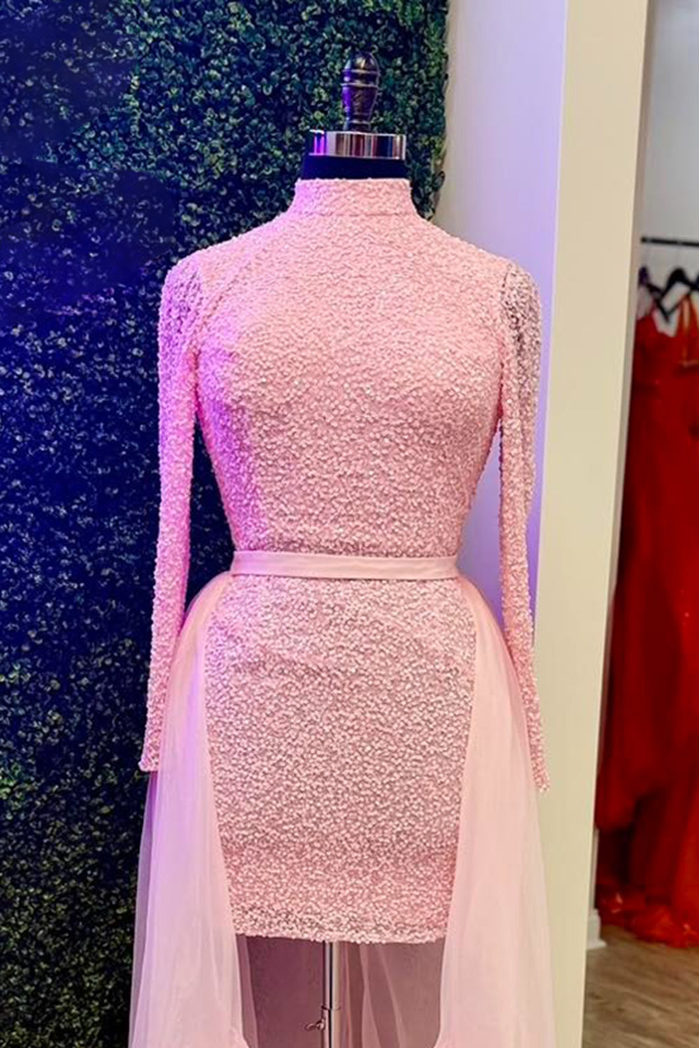 Pink High Neck Tight Long Sleeves Short Homecoming Dress with Cape