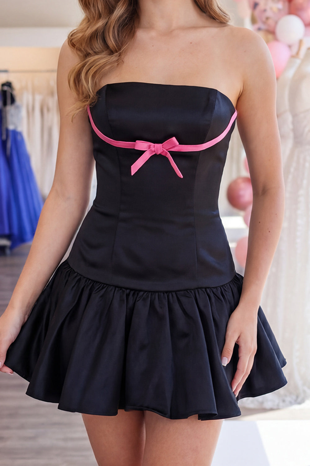 Black and Pink A Line Strapless Short Homecoming Dress