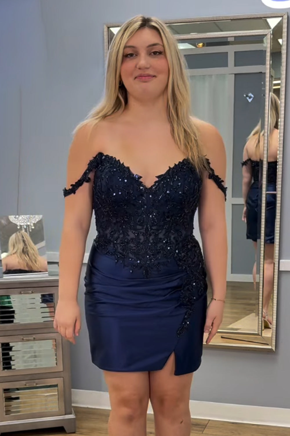 Navy Sparkly Short Appliqued Homecoming Dress with Slit