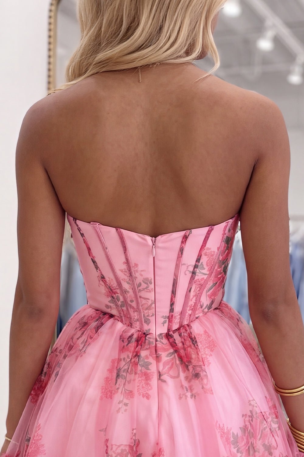 Pink A-Line Strapless Corset Floral Ruffled Short Homecoming Dress