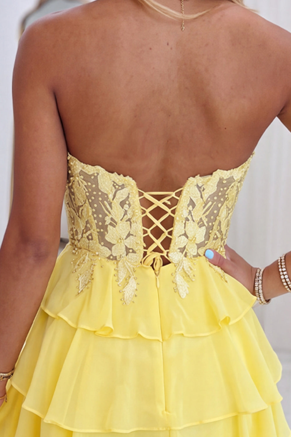 Yellow Floral A-Line Ruffled Short Homecoming Dress with Lace