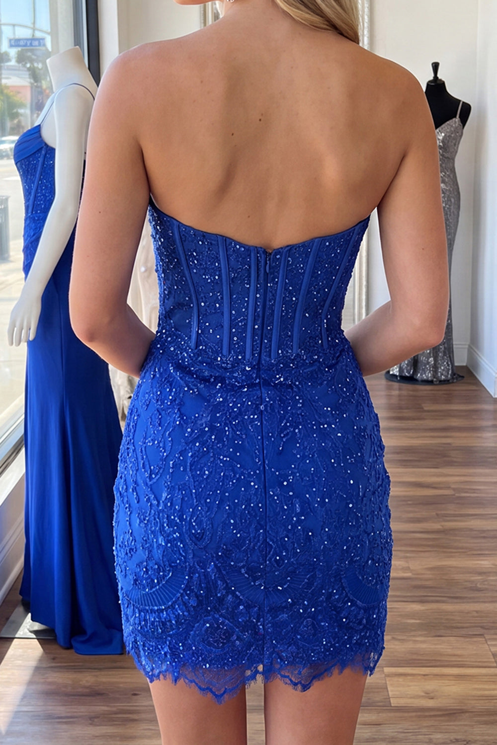 Royal Blue Corset Strapless Short Lace Birthday Dress