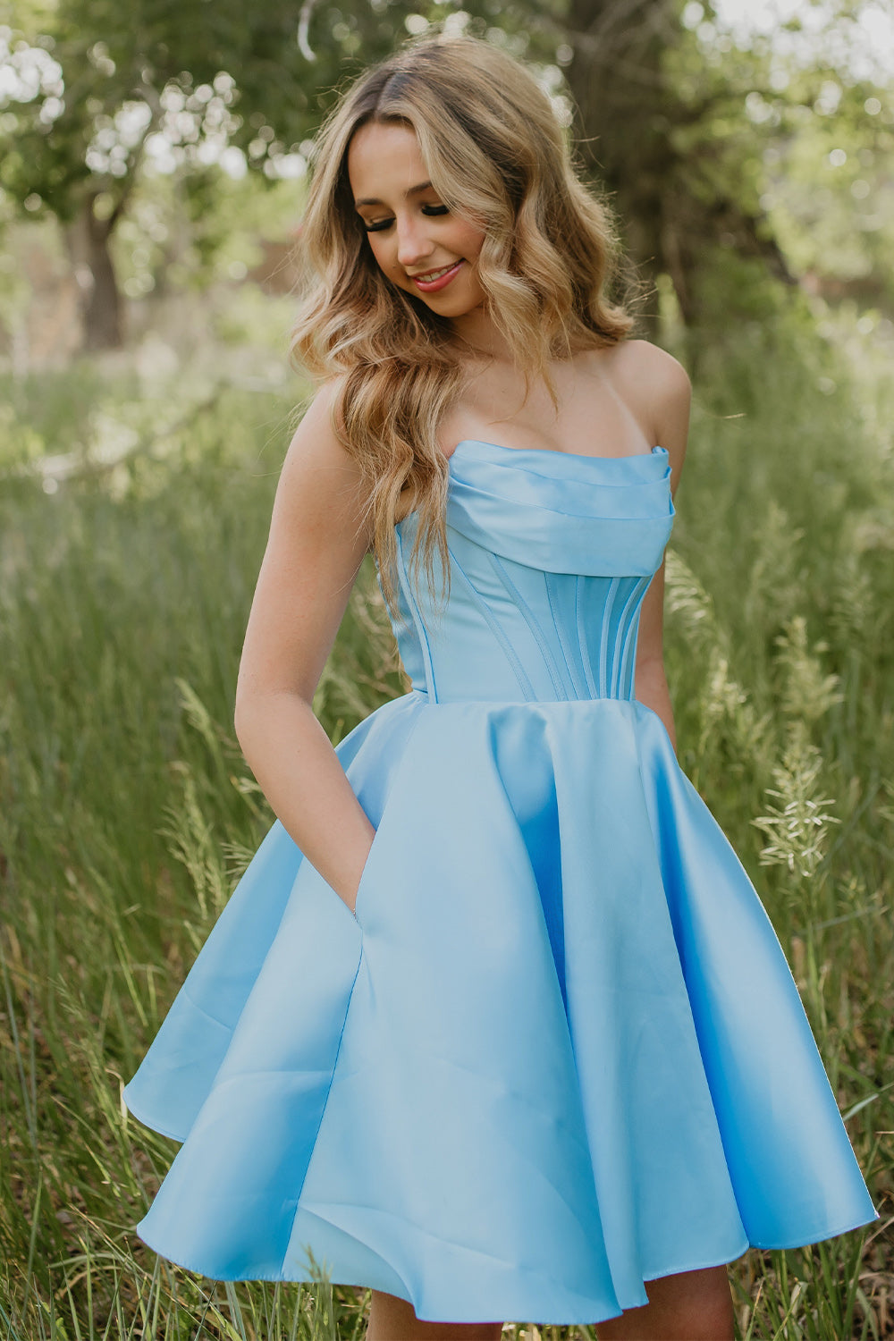 Light Blue Strapless Corset Short Birthday Dress with Pockets