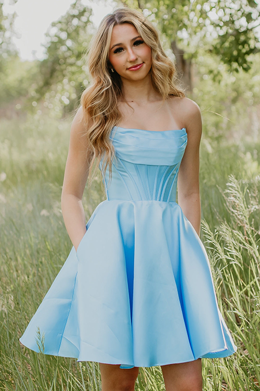Light Blue Strapless Corset Short Birthday Dress with Pockets