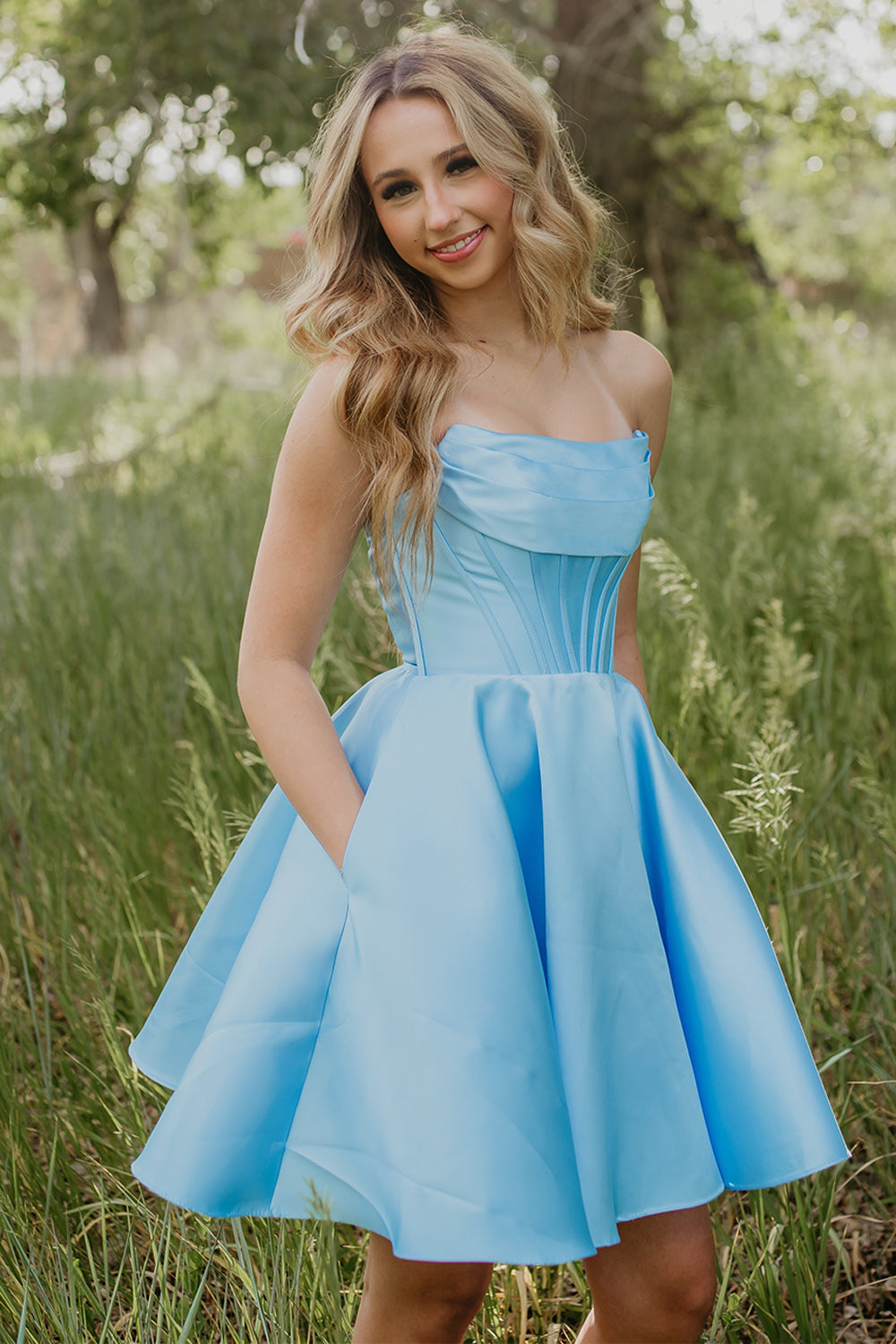 Light Blue Strapless Corset Short Birthday Dress with Pockets