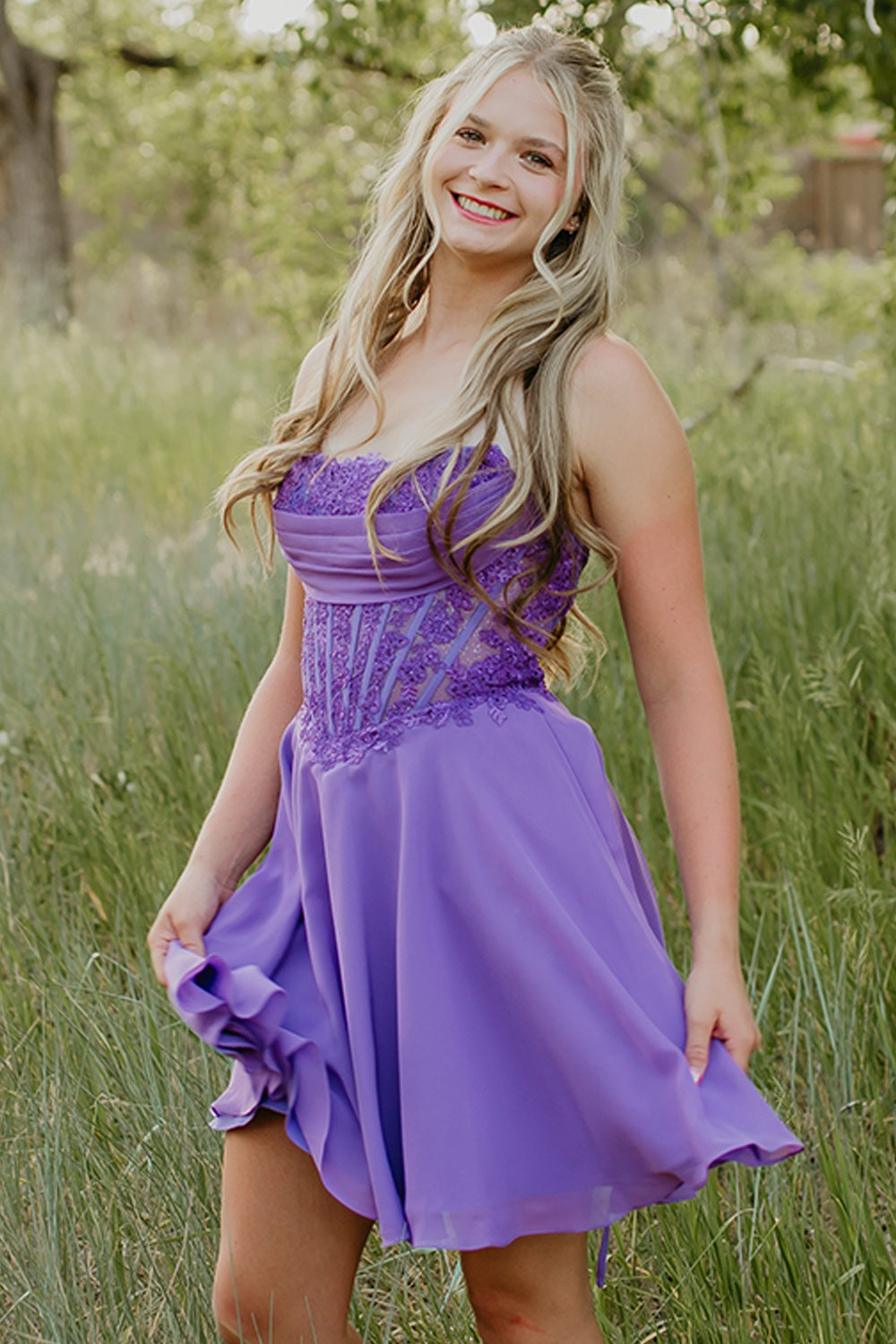Purple Strapless Corset Short Birthday Dress with Appliques