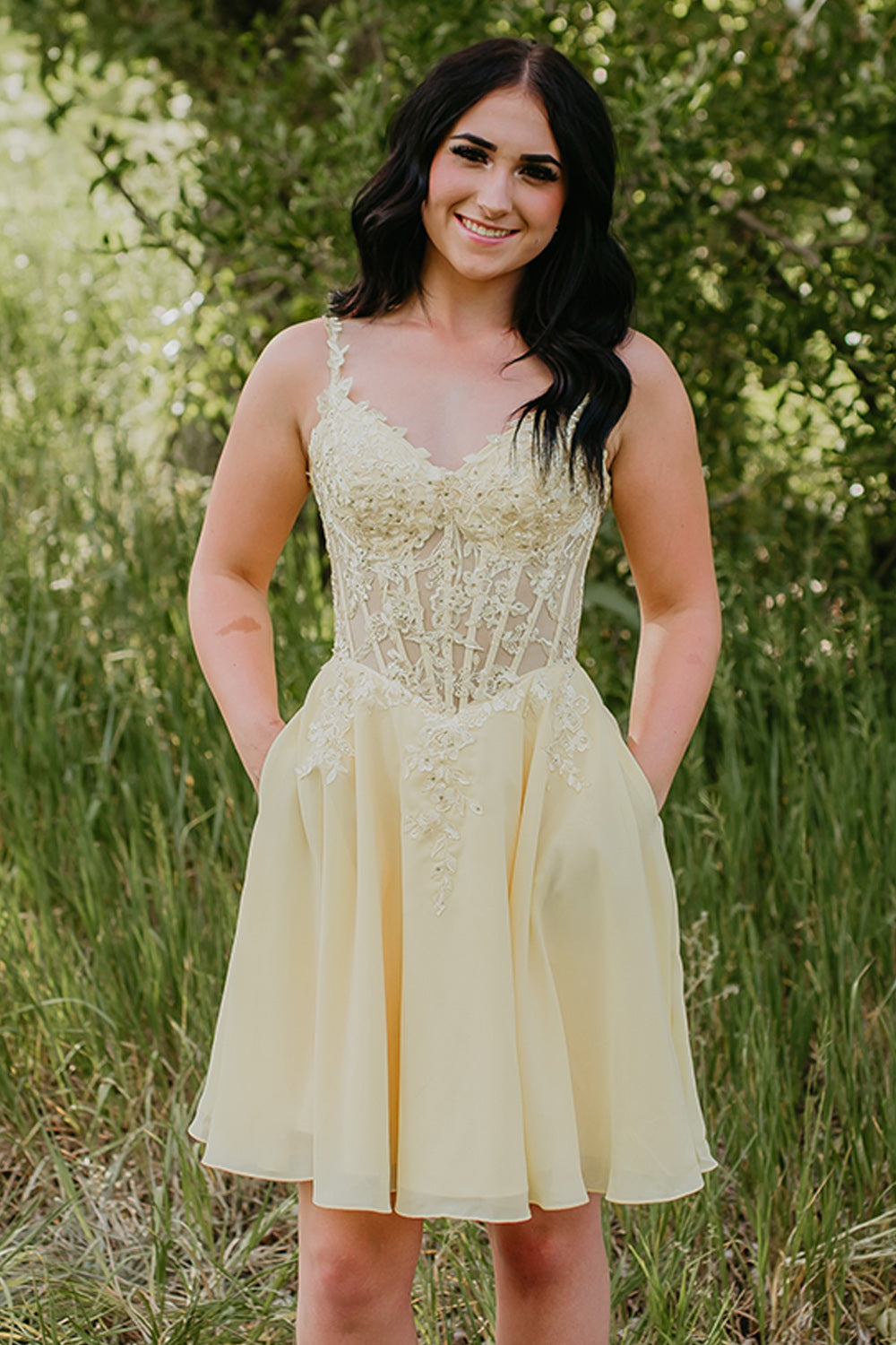 Yellow V-Neck Corset Short Birthday Dress with Pockets