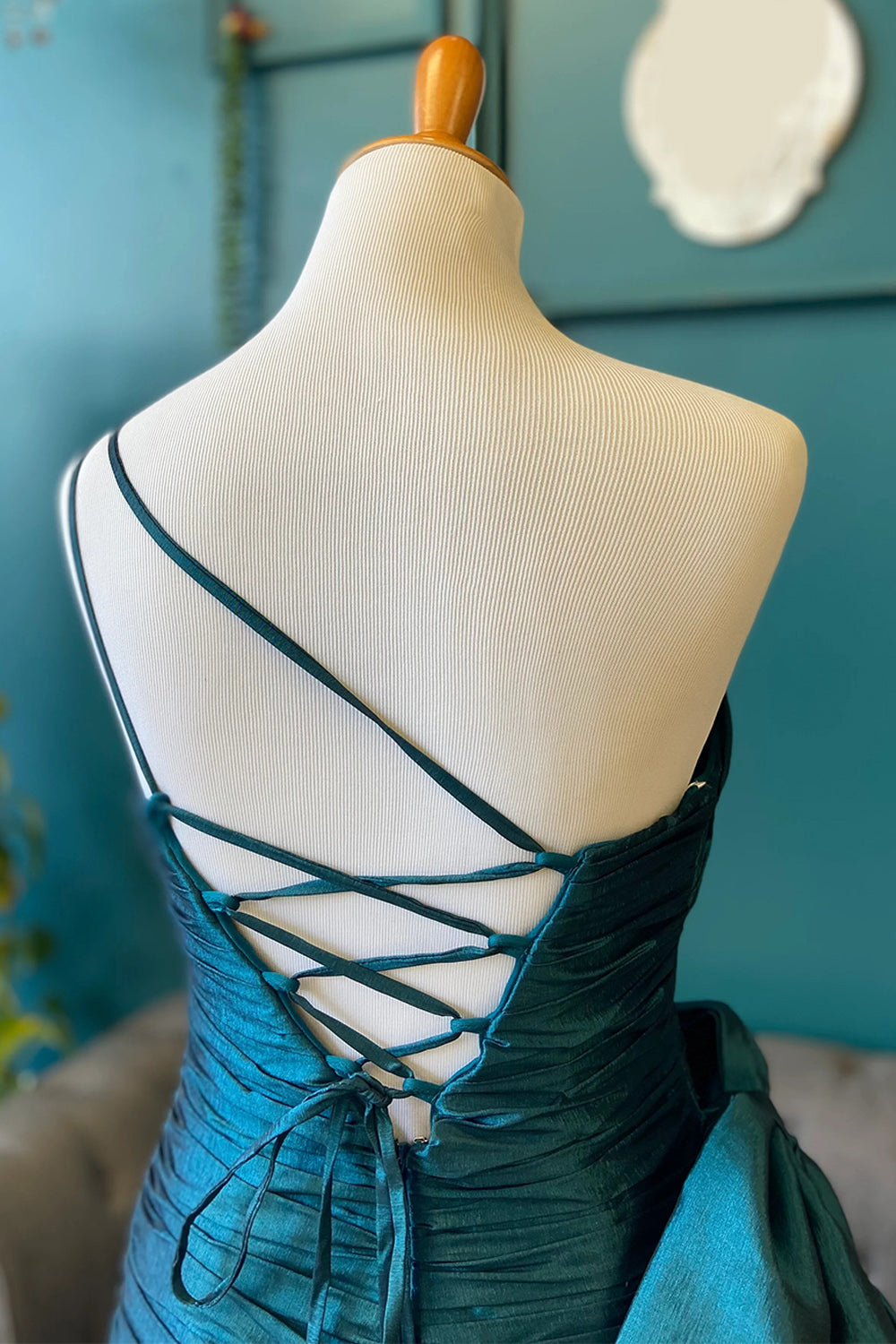 Peacock Blue One Shoulder Ruched Short Birthday Dress with Bow
