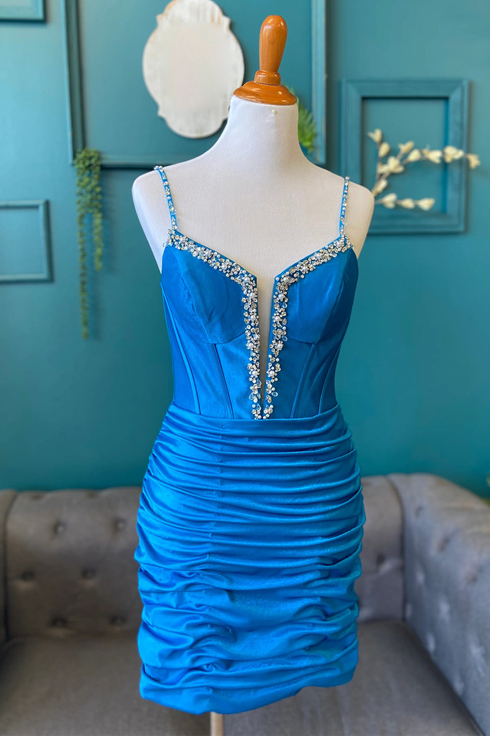 Royal Blue Corset Spaghetti Straps Ruched Short Birthdau Dress