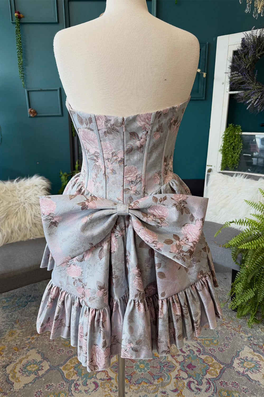Floral Grey Corset Sweetheart Short Birthday Dress with Bow