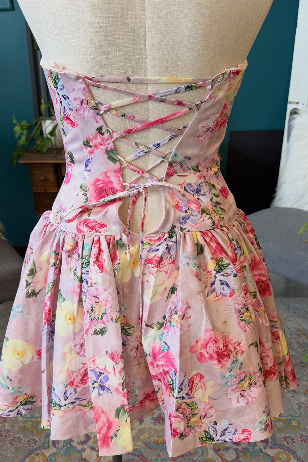 Pink Strapless A-Line Floral Short Birthday Dress with Bow