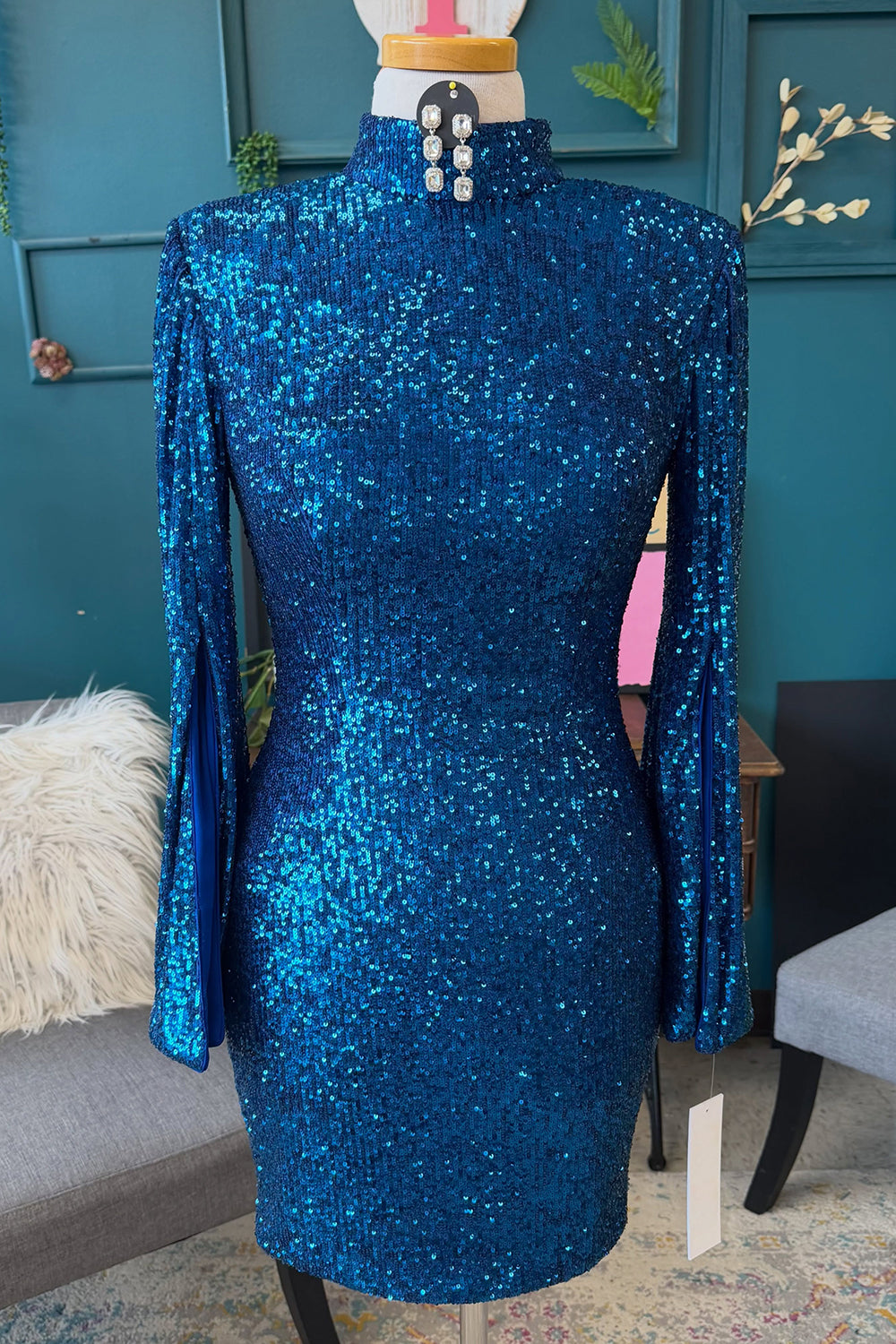 Blue Bodycon High Neck Long Sleeves Short Birthday Dress