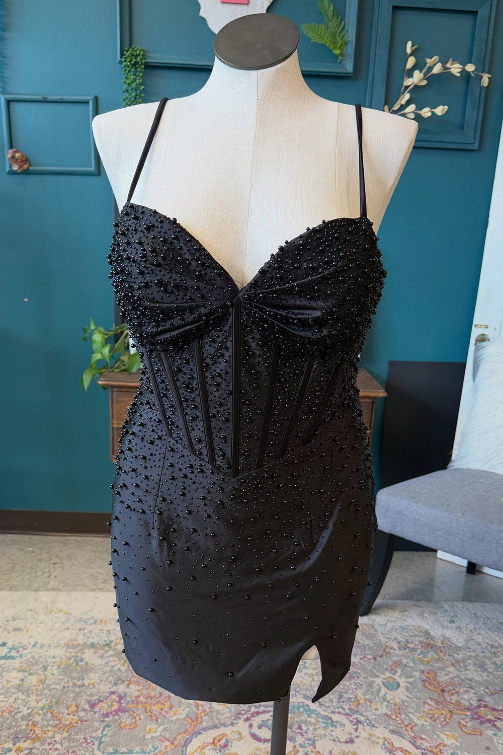 Black Corset Bodycon Short Birthday Dress with Pearls