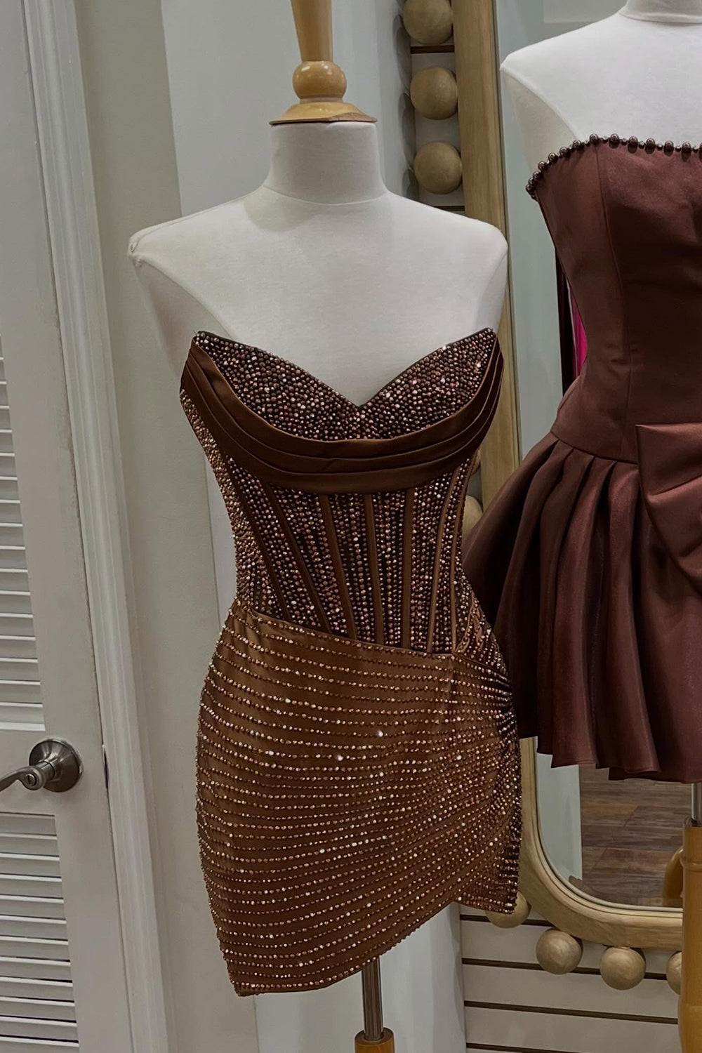 Berlinnova Women Sparkly Coffee Corset Short Tight Homecoming Dress Strapless Beaded Cocktail Dress