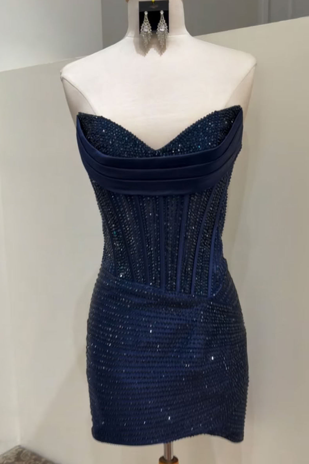 Berlinnova Women Sparkly Navy Corset Short Tight Homecoming Dress Strapless Beaded Cocktail Dress