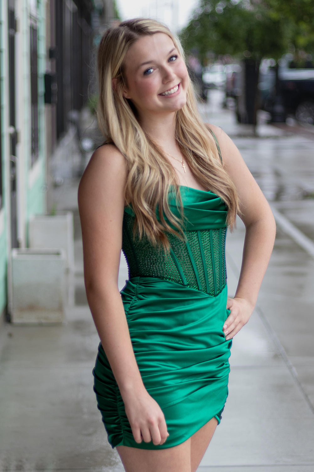 Emerald Green Corset Spaghetti Straps Ruched Short Birthday Dress