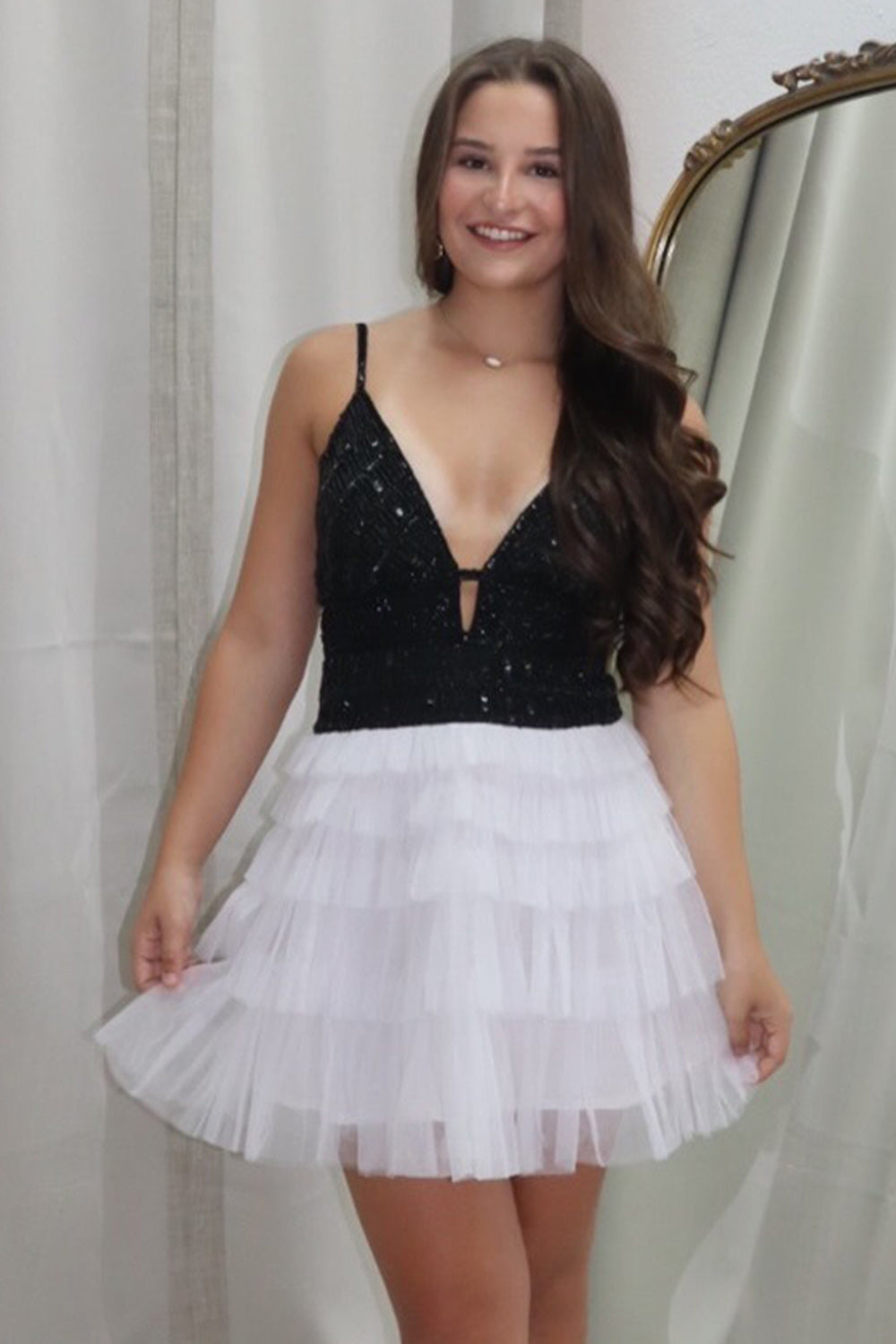 Black V-Neck Tiered Short Birthday Dress with Sequins