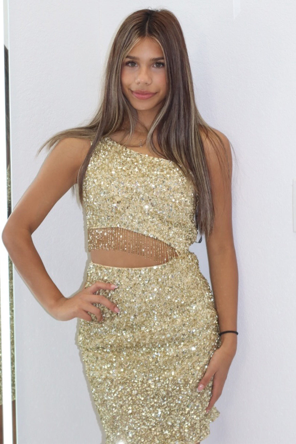 Sparkly Gold One Shoulder Sequins Short Birthday Dress with Fringes
