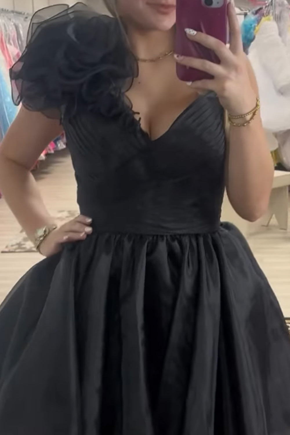 Black One Shoulder Ruched Short Birthday Dress with 3D Flower