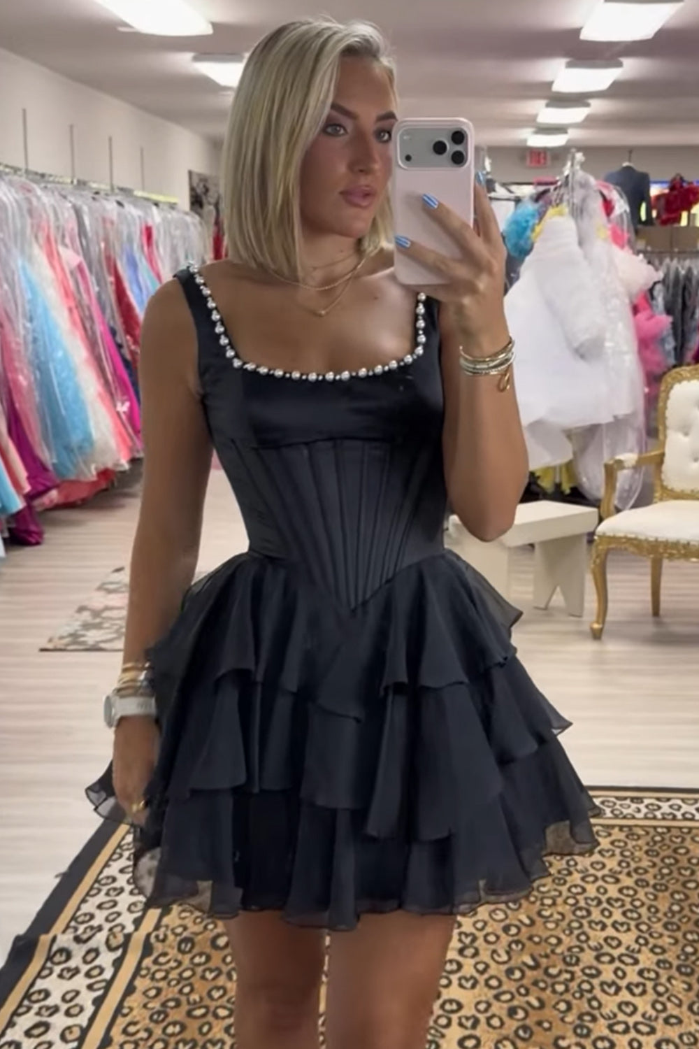 Black Corset Square Neck Short Birthday Dress with Pearls