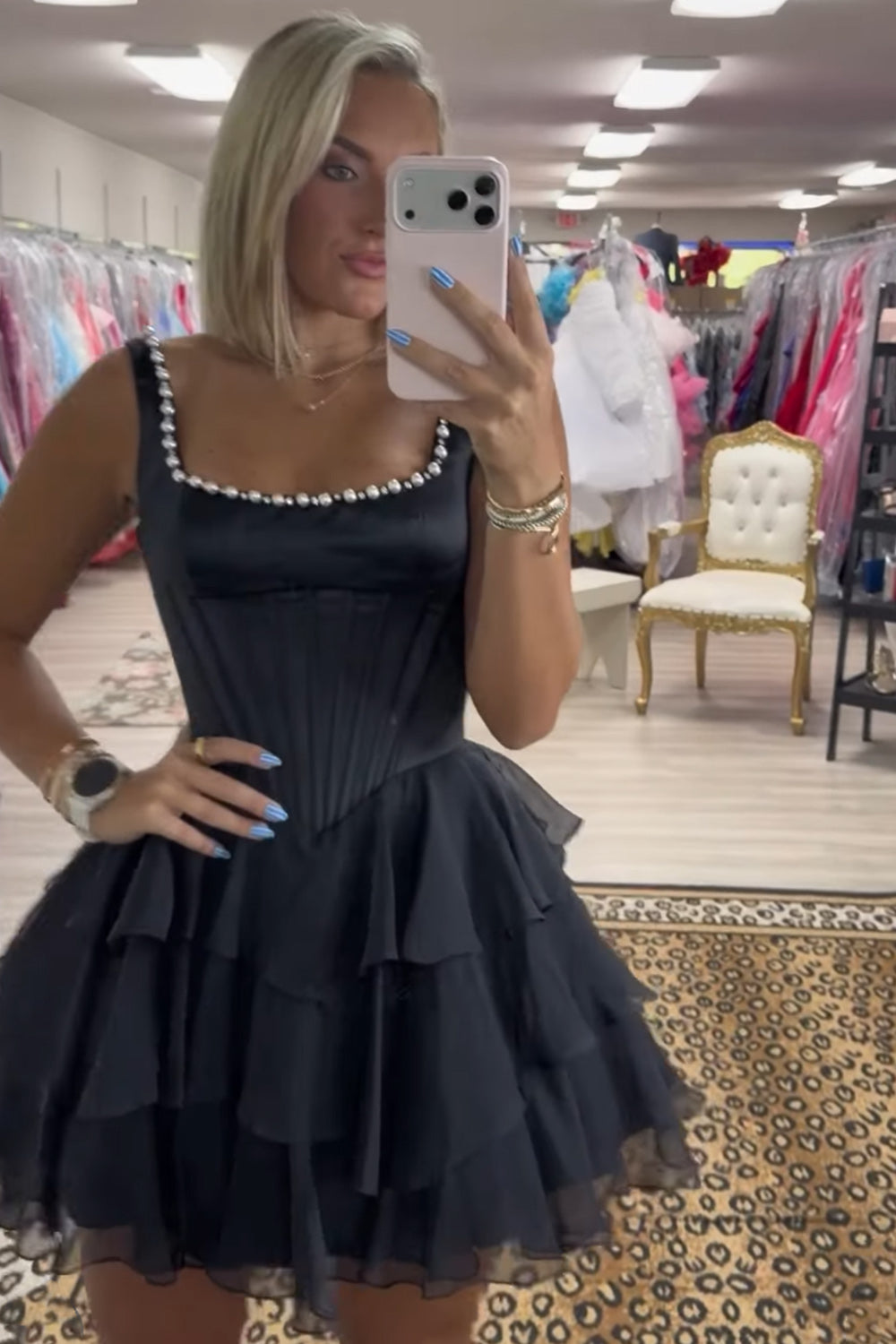 Black Corset Square Neck Short Birthday Dress with Pearls