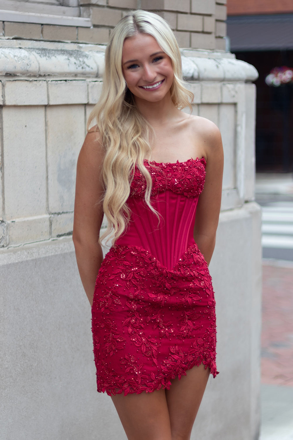 Dark Red Corset Strapless Short Birthday Dress with Lace