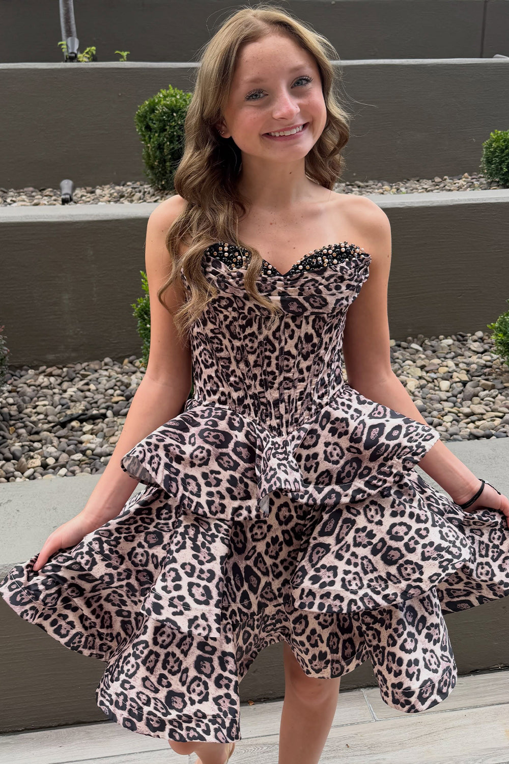 Brown Leopard Print Corset Strapless Short Birthday Dress with Beading