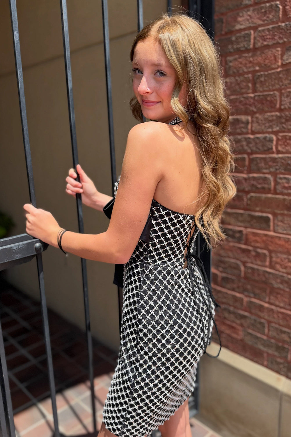 Black Bodycon Halter Short Perals Birthday Dress with Bow