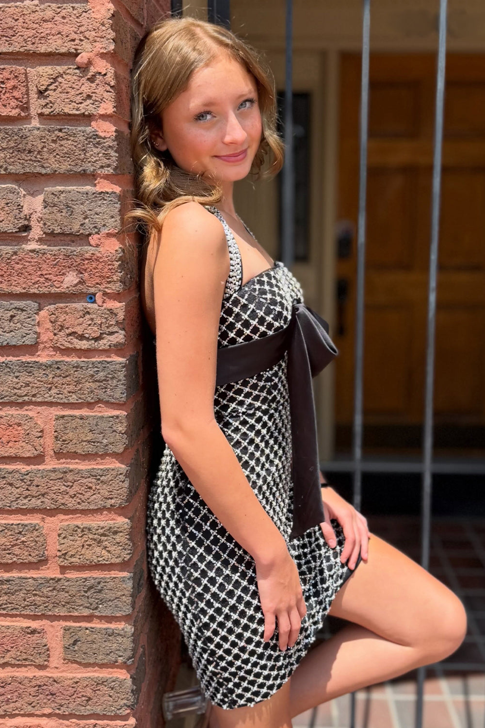 Black Bodycon Halter Short Perals Birthday Dress with Bow