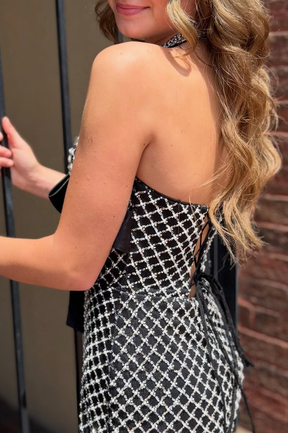 Black Bodycon Halter Short Perals Birthday Dress with Bow
