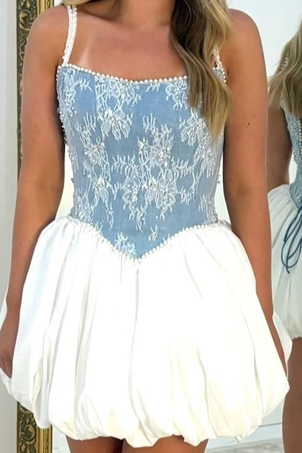 White and Blue Corset Short Birthday Dress with Pearls