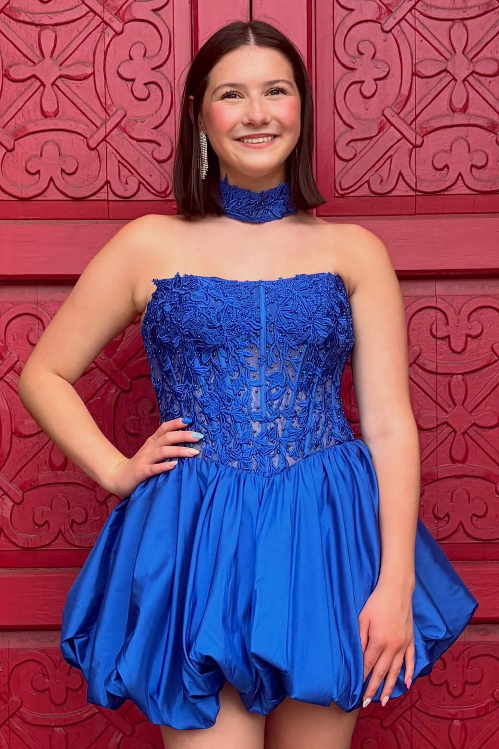 Royal Blue Corset Strapless Bubble Short Birthday Dress with Lace
