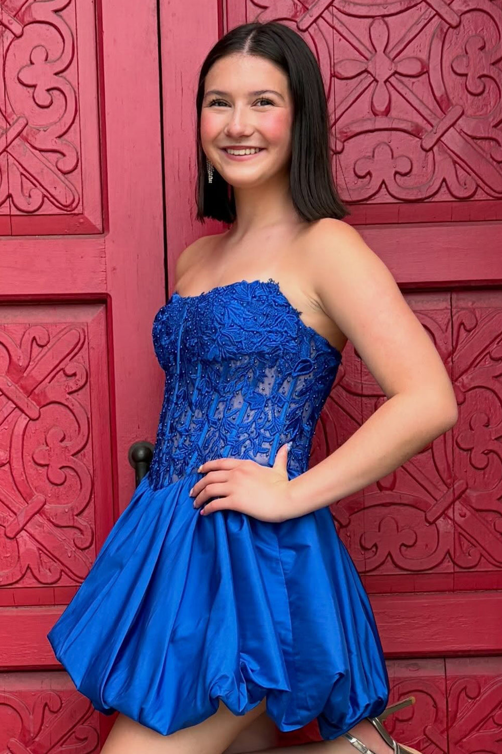 Royal Blue Corset Strapless Bubble Short Birthday Dress with Lace