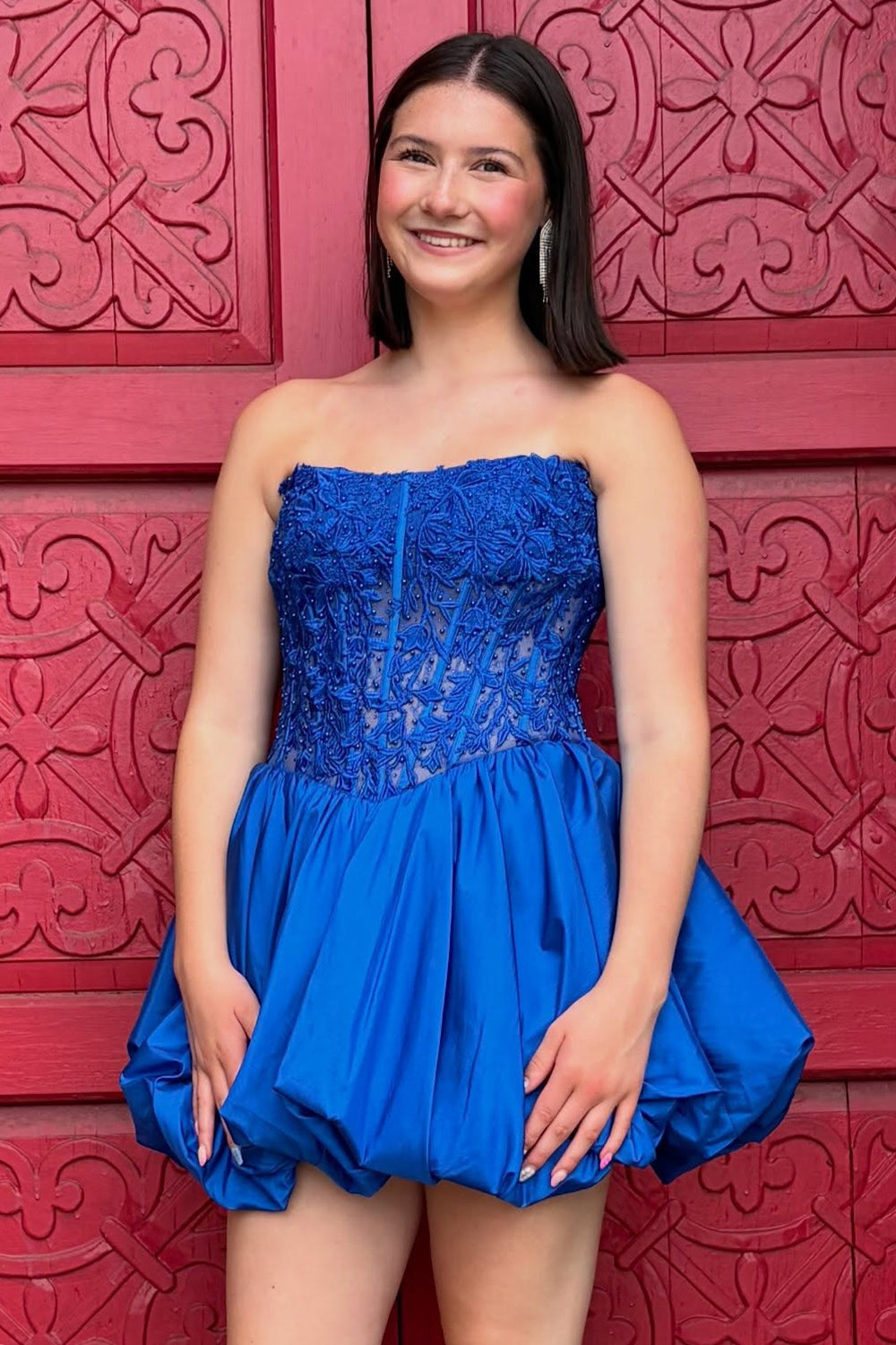 Royal Blue Corset Strapless Bubble Short Birthday Dress with Lace