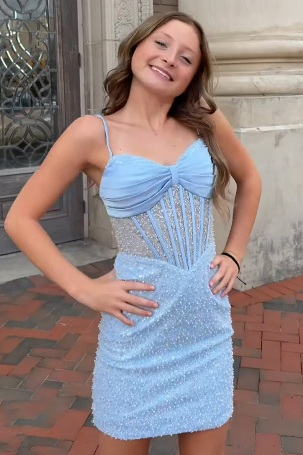 Light Blue Corset Spaghetti Straps Short Birthday Dress with Beading