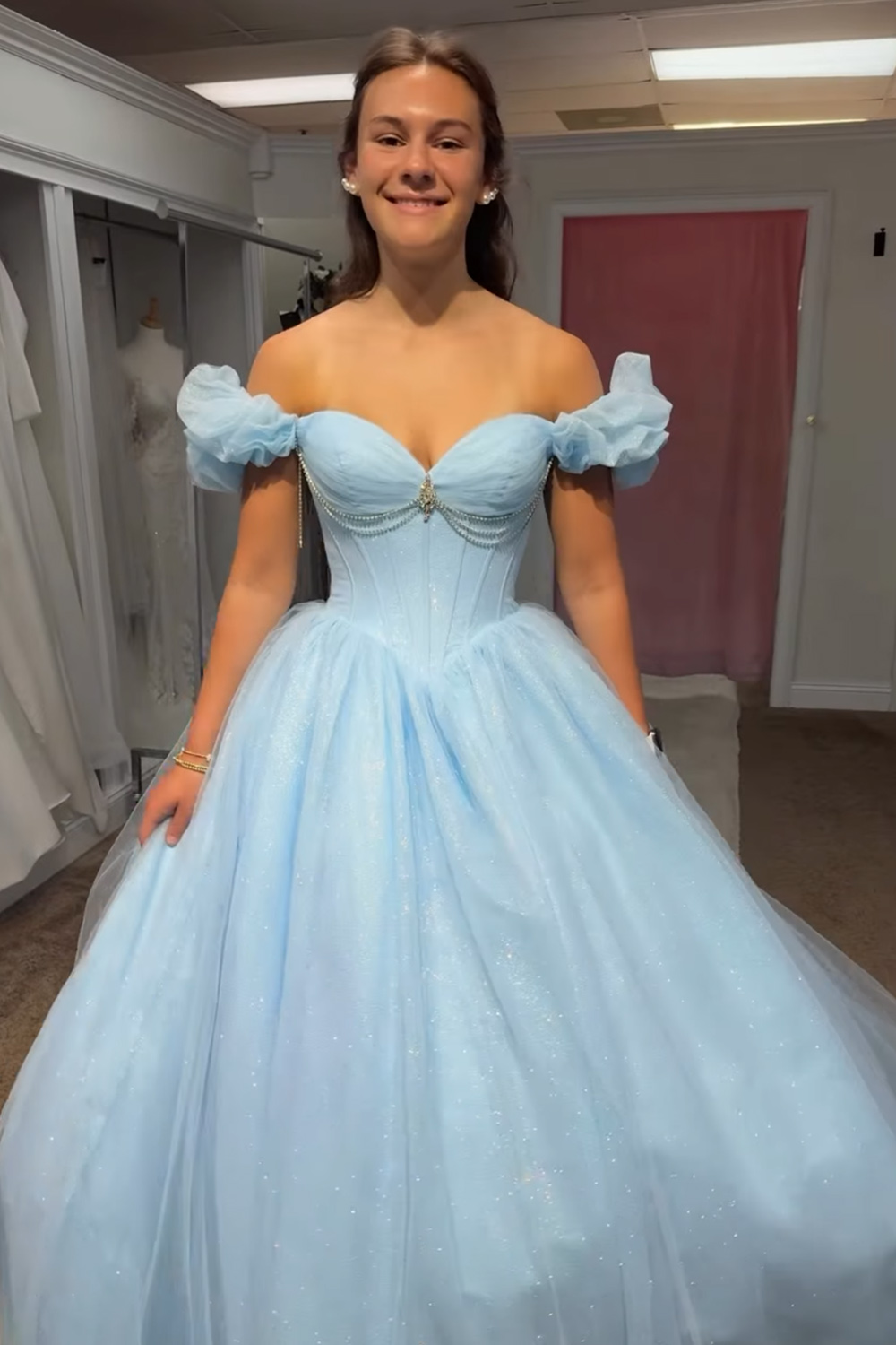 Long Sky Blue Glitter Princess Corset Quinceanera Dress with Beading