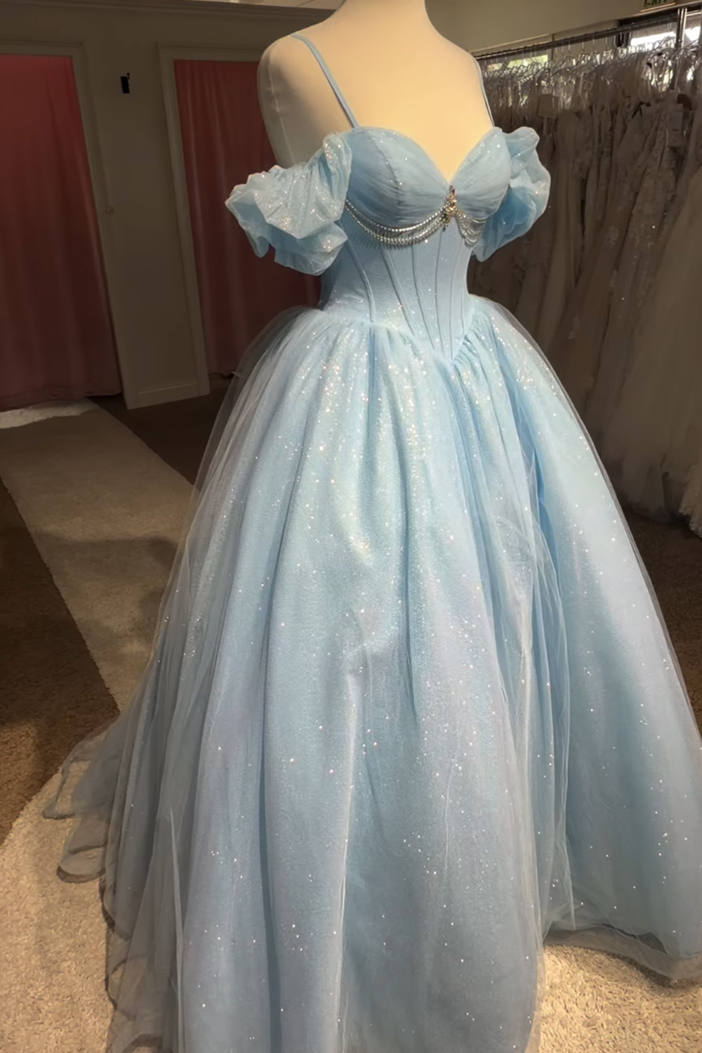 Long Sky Blue Glitter Princess Corset Quinceanera Dress with Beading