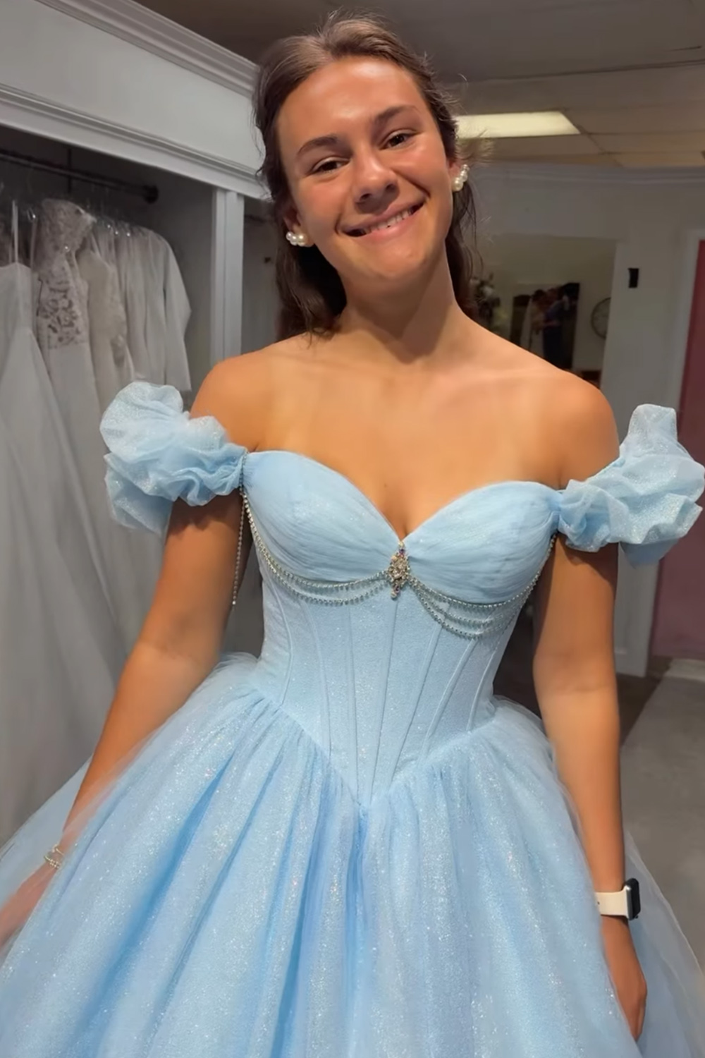 Long Sky Blue Glitter Princess Corset Quinceanera Dress with Beading