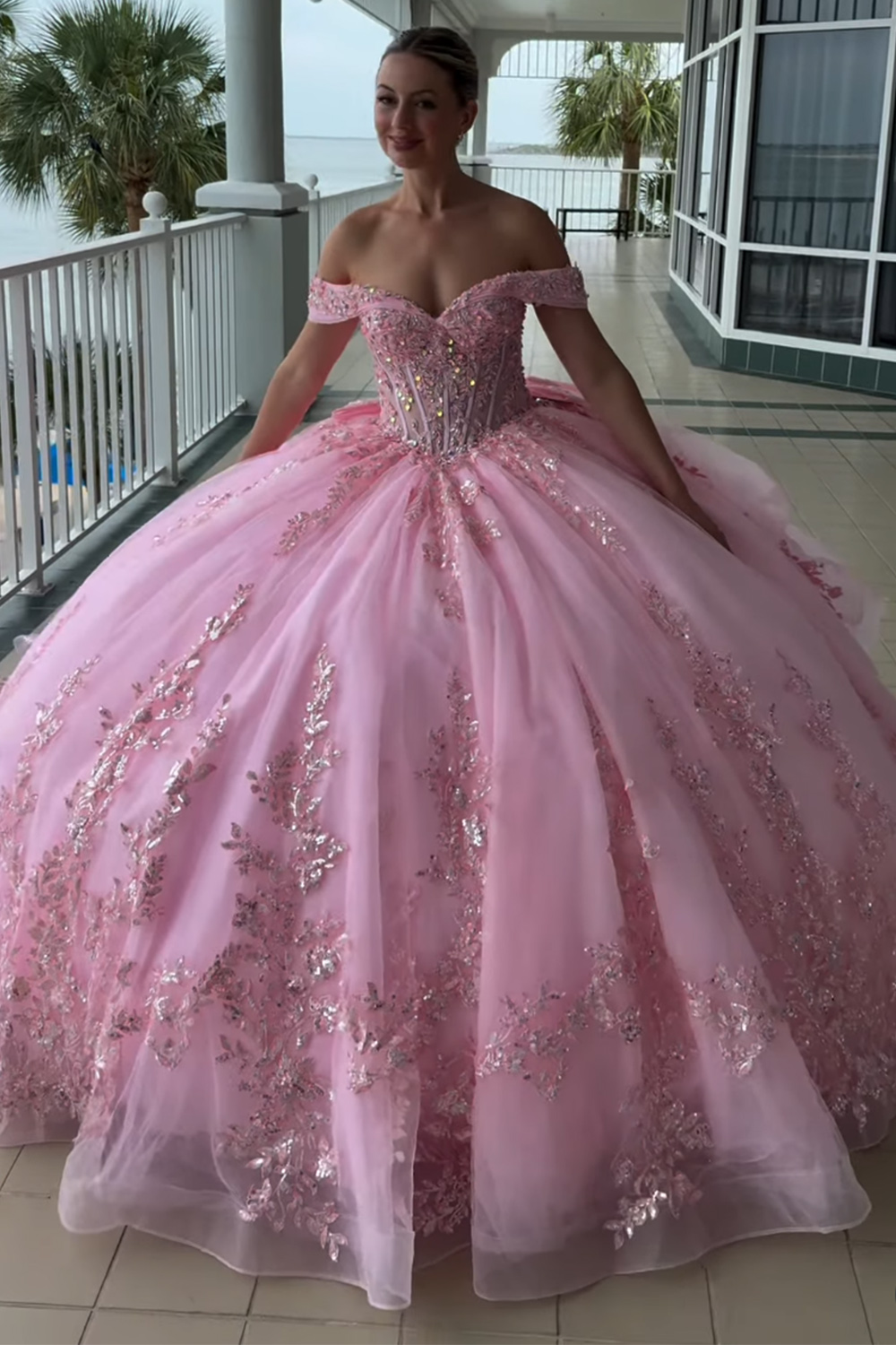 Berlinnova Sparkly Pink Beaded Long Quinceanera Dress with Bow Off the Shoulder Princess Ball Gown Sweet 16 Dress