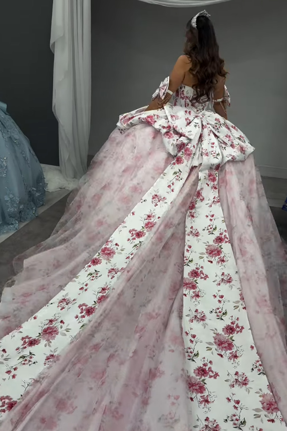 Princess White Pink Flower Long Corset Quinceanera Dress with Bows